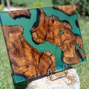 Wood Epoxy Resin Serving Board | Transparent Green | Handmade Board in Unique MadeOfOliveWood design