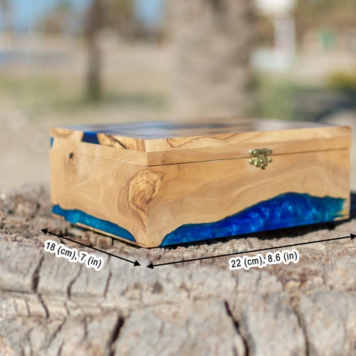 Blue River Wood Epoxy Resin Storage Box For Multilple Uses | Handcrafted from selling Olive Wood & Blue Liquid Glass | Special Gifts