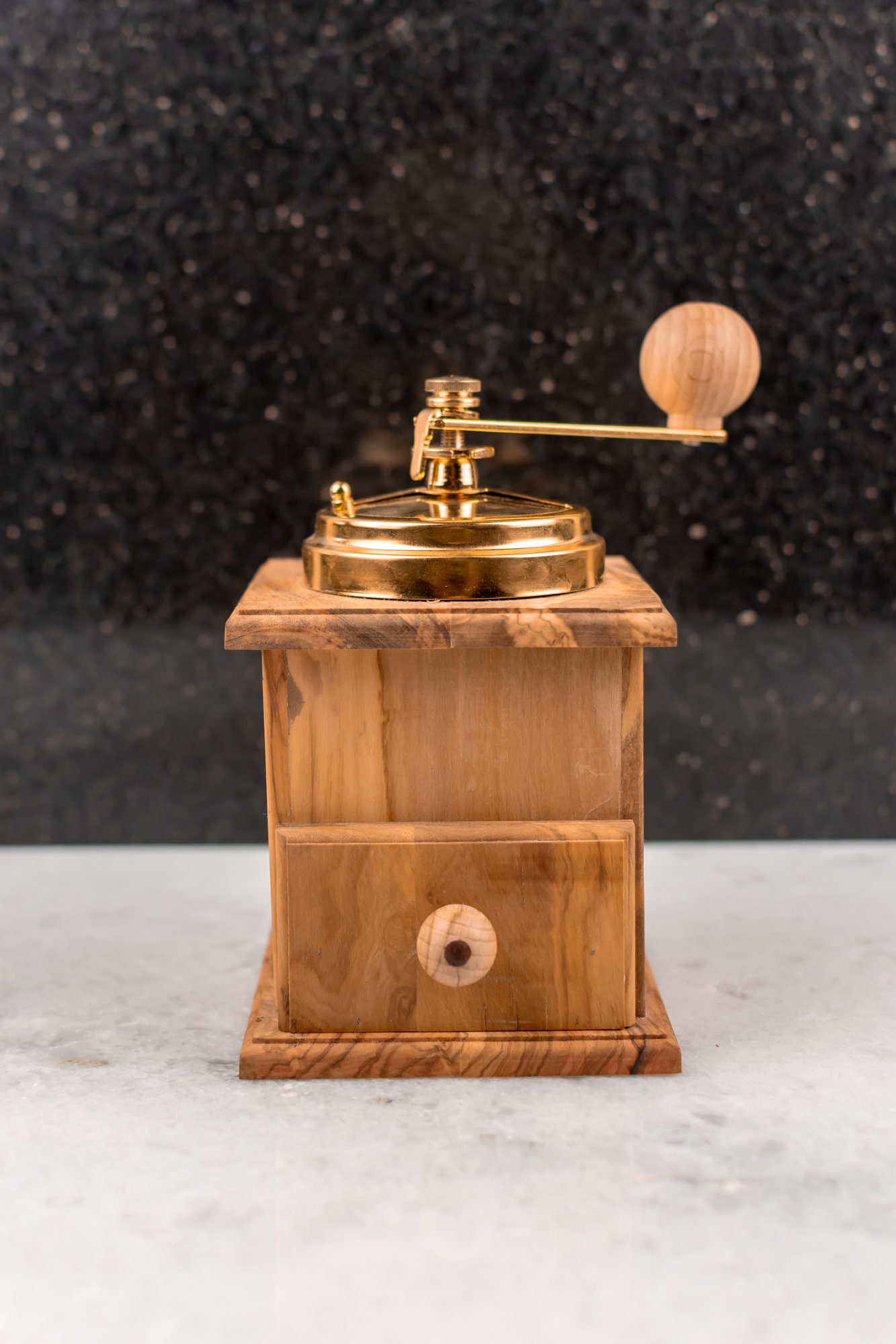 Antique Style Coffee Grinder in Cherry Burl with Coffee Inlay