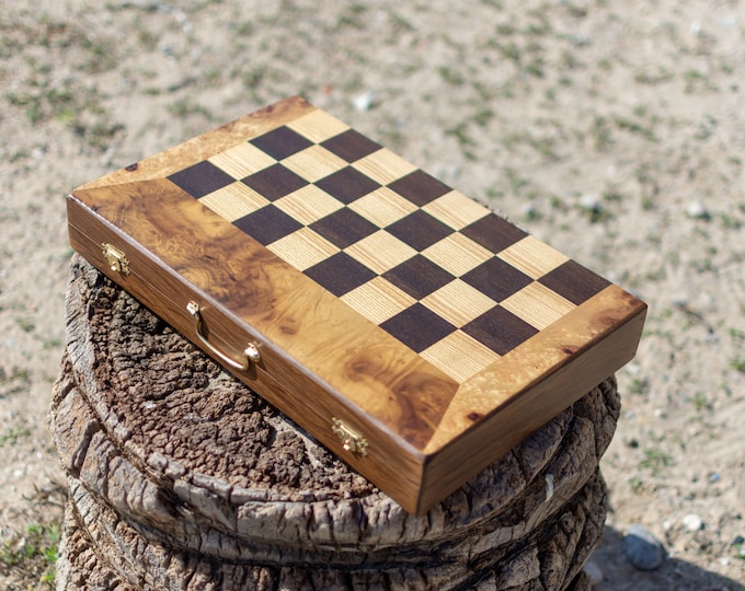 Olive Wood Backgammon and Chess Board Game Set,Wooden Fun Game, Handmade Board Game, Patterned Backgammon, Strategy Game, Large size, Gift
