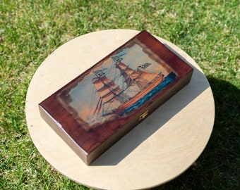 Traditional Mahagony Backgammon Game Set- Gravoura - "Traditional Sailing Boat"- Small Size - Gifts