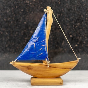 Wooden Sail boat with Blue Sails | Olive Wood Ship | Unique Handmade Decoratives