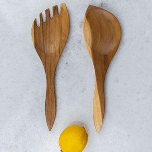 Handcrafted Wooden Salad Servers Made Of Olive Wood in Modern Design Unique Kitchen utensils image 3