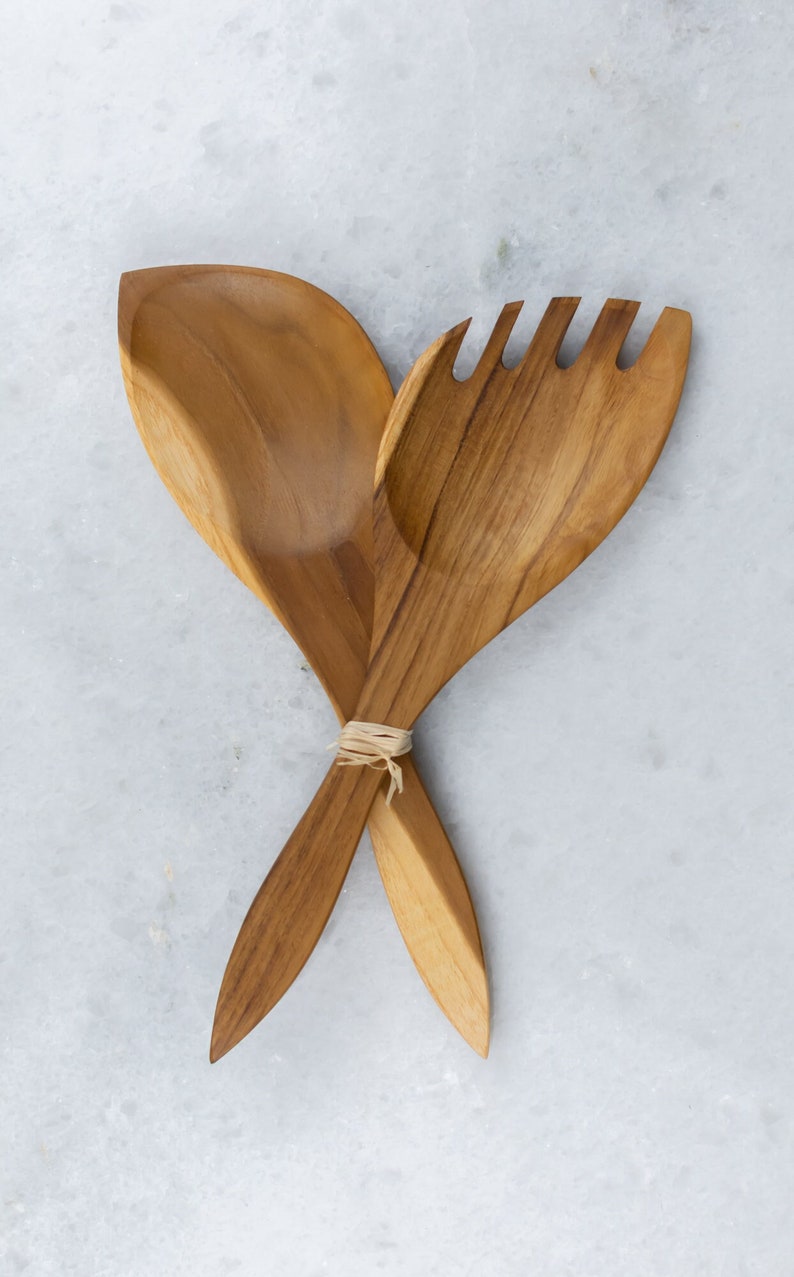 Handcrafted Wooden Salad Servers Made Of Olive Wood in Modern Design Unique Kitchen utensils image 1