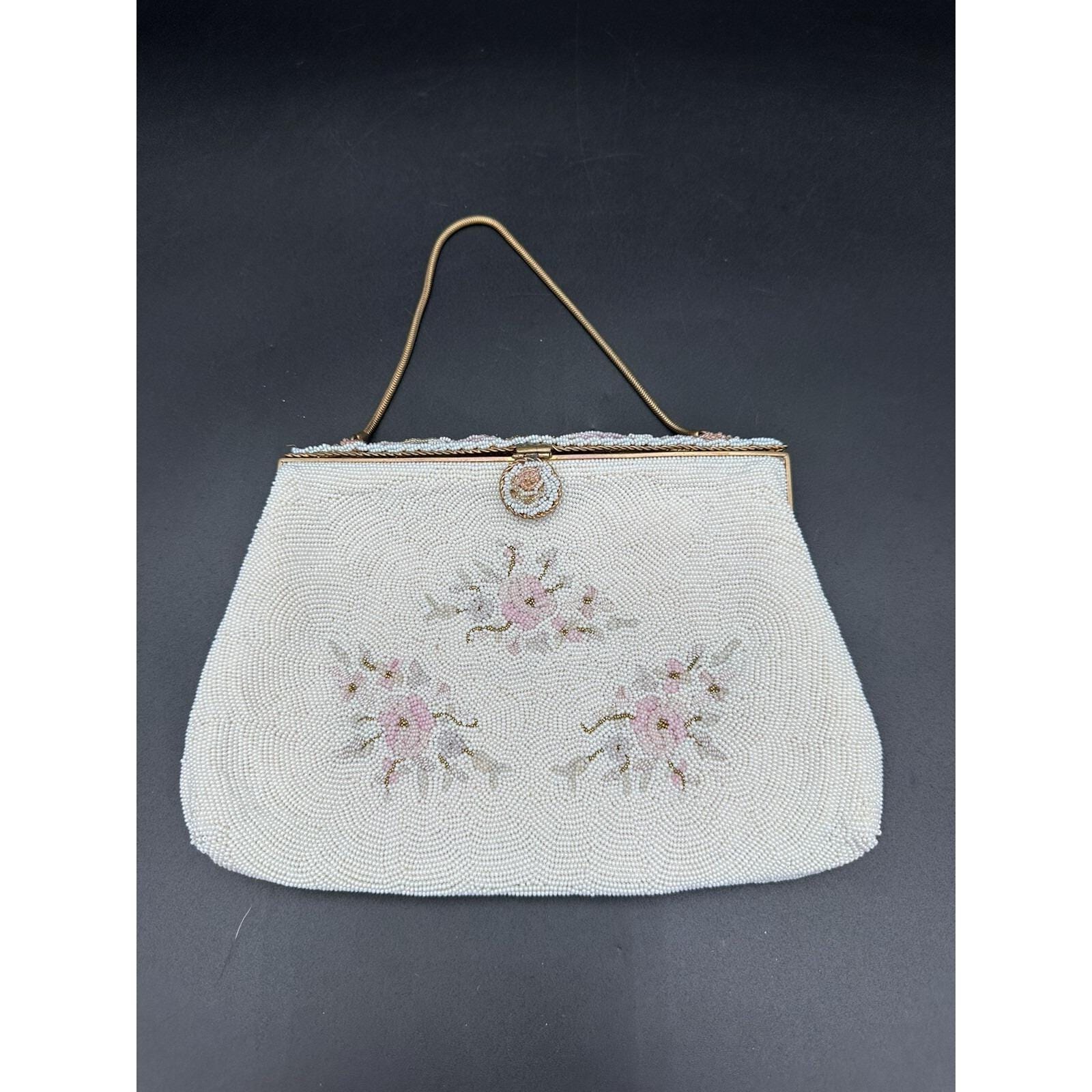 Rare Vintage Petite Point Beaded Homemade in France Floral Handbag