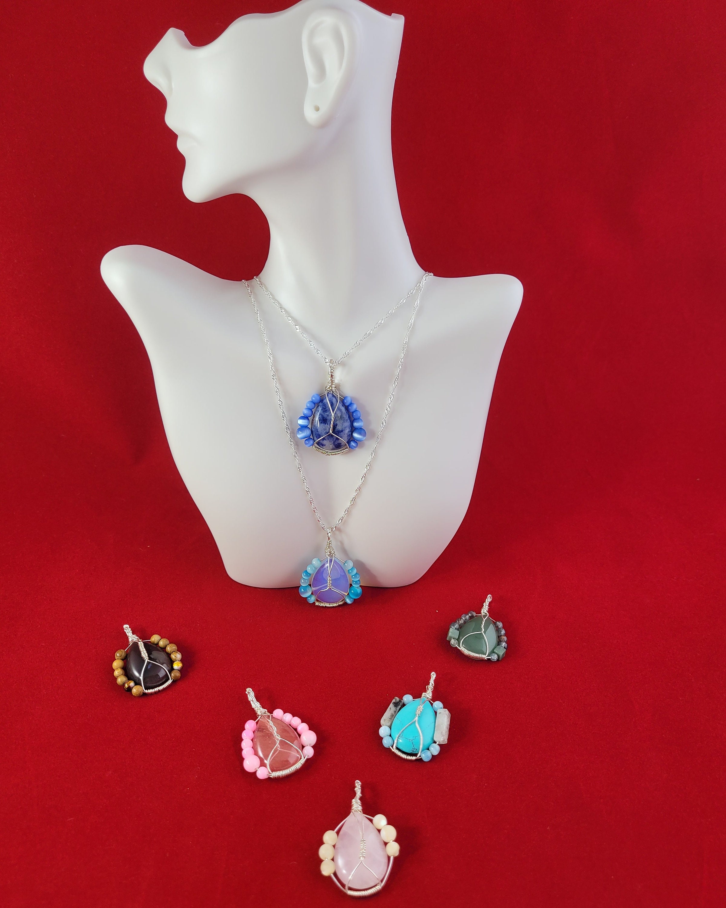 Wire Wrapped Stone Necklace, Beaded Stone Necklace, Unakite Wire