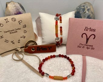 Aries Fire Element Bracelet set, Zodiac Beaded Bracelet, Handmade Horoscope Gift