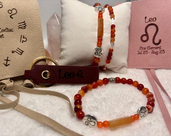 Leo Fire Element Bracelet set, Zodiac Beaded Bracelet, Handmade Horoscope Gift