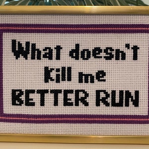 Könnte beinhalten: Ein gerahmter Kreuzstich mit weißem Hintergrund und schwarzem Text, der "What doesn't kill me BETTER RUN" lautet. Der Rahmen ist golden mit einem violetten und rosafarbenen Rand.