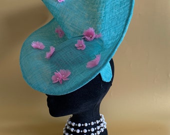 Wide brim hat with Japanese blossom for Ascot or wedding, aqua and pink