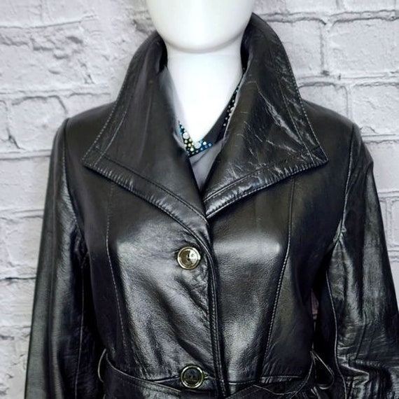 Vintage 1960s Belted Black Leather Coat, Women's … - image 1
