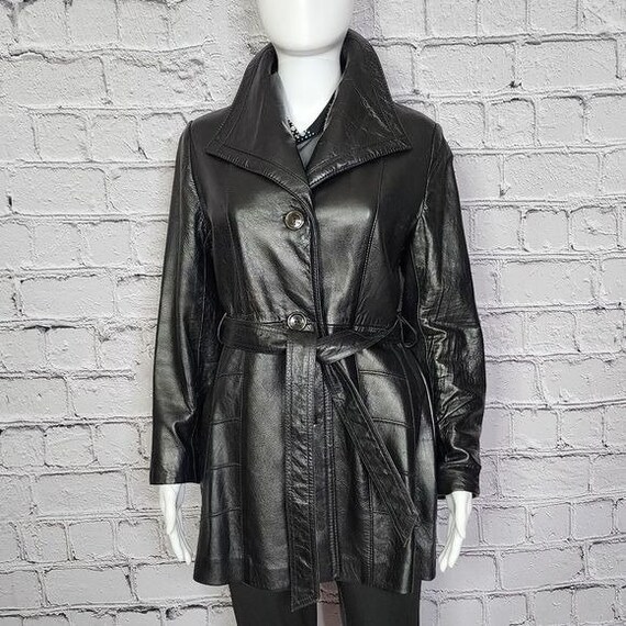 Vintage 1960s Belted Black Leather Coat, Women's … - image 2