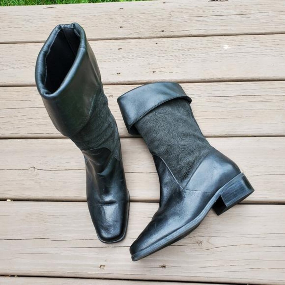 Vintage 90s Y2k Black Floral Leather Fold Over Chunky Square Toe