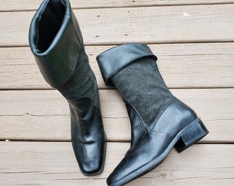 Vintage 90s Y2k Black Floral Leather Fold Over Chunky Square Toe