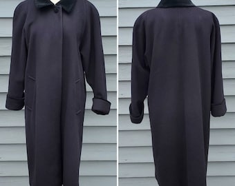 Vintage 90s y2k Black Wool Velvet Trim Long Lagenlook Trench Coat Overcoat 10