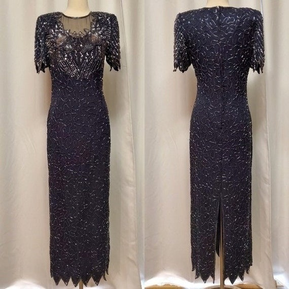 scala silk beaded dress Vintage 1990s Beaded Silk SCALA Dress Small Violet Purple Fairy Gown Whimsical