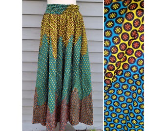 Falda larga hecha a mano multicolor con estampado africano de cera, estampado geométrico floral y bolsillos L