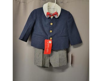 Traje de 4 piezas Imp Originals, azul marino, gris, blanco, rojo, pajarita, tirantes, talla 12 M