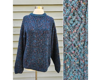 Vintage 90er Jahre Etchings Pullover Petrol Blau Regenbogen Konfetti Zopfmuster Unisex Md
