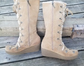 【COLOR iN ID】stud suede platform boots Leila Layered Knit Detail Square Toe Platform Block Heel