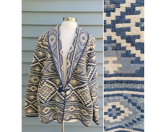 Vintage Western Gobelängjacka Blå Beige Sydvästlig Geometrisk Vävd Stor