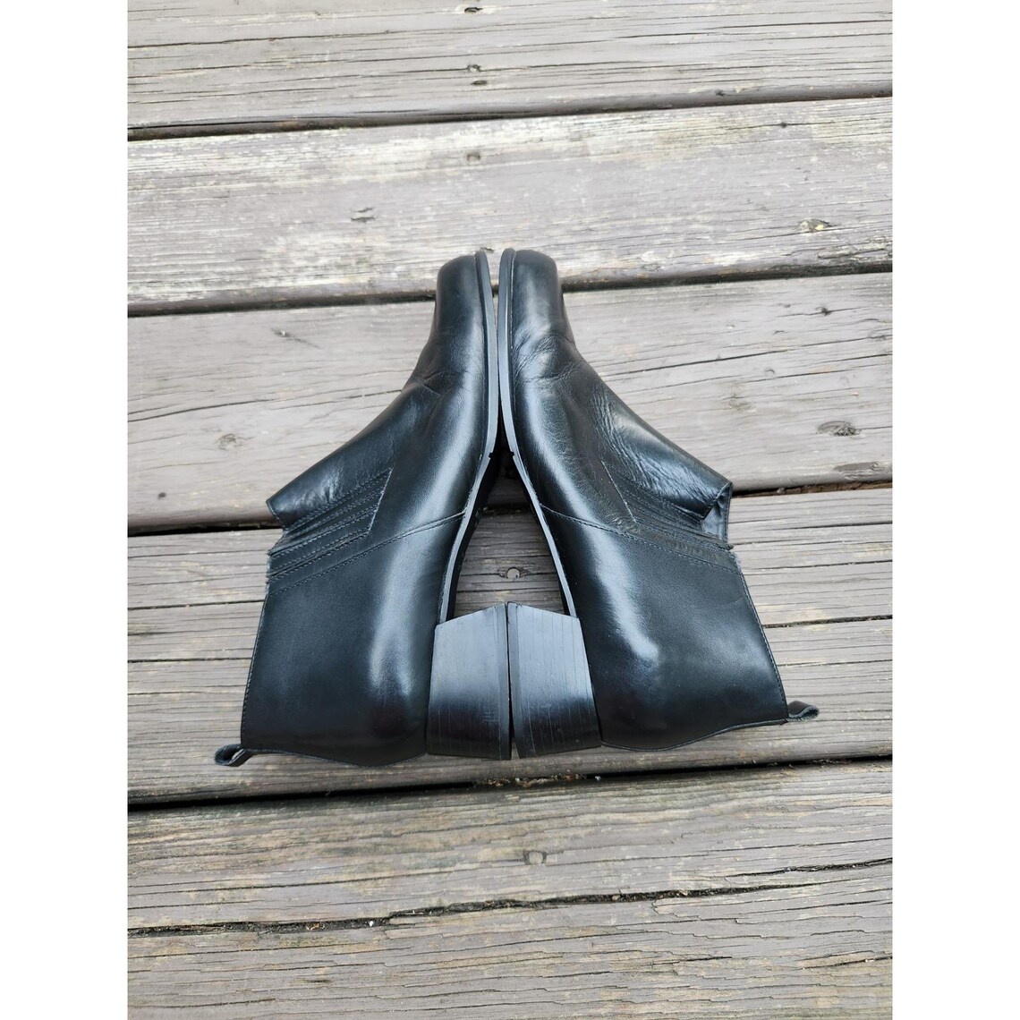 Vintage Lee Riveted Tucker Ankle Boots Black Leather Block Heel Zip Up Size 9.5M, foto 2 di 5