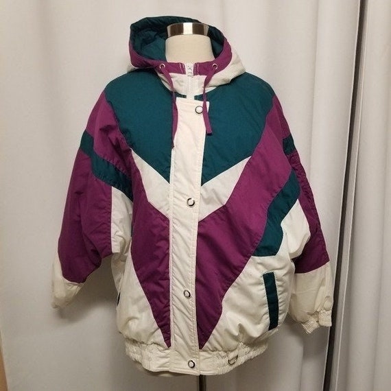Vintage 80s Retro Teal Purple Winter Ski Puffer Jacket Coat Andy