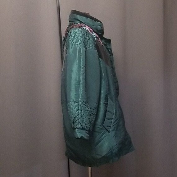 Vintage 80s Metallic Green Floral Puffer Coat Med… - image 5