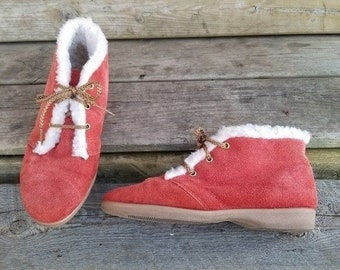 Vintage 70s Orange Suede Leather Sherpa Fleece Lined Lace-up Boho Ankle Boots 8