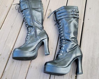 Vintage 90s Y2k Tuk Black Faux Leather Platform Lace up Bratz Goth