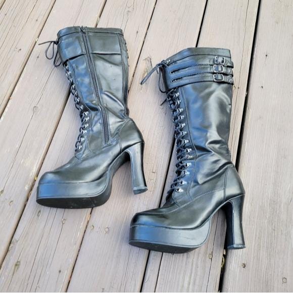 Vintage 90s Y2k Tuk Black Faux Leather Platform Lace up Bratz Goth