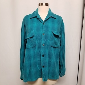 Vintage 70s Sears Men&#39;s Store Wool Blend Turquoise Blue Plaid Shirt Shacket Lg