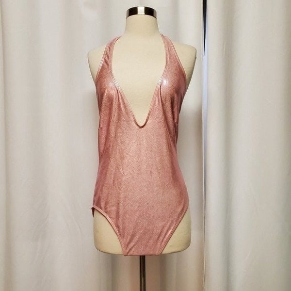 Vintage 90s y2k Newport News Pink Metallic Malibu Barbie Deep Plunge Swimsuit 12