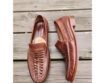 Vintage Johnston & Murphy loafers van bruin geweven Huarache-leer, instappers maat 10 M