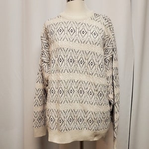 vintage des années 60 des années 70 Jantzen Cream Blue Knit Diamond USA Made Jumper Sweater Men&#39;s Lg