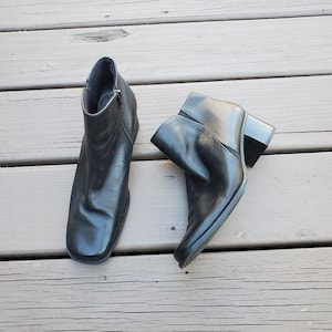 Vintage jaren 90 y2k bratz zwart leer dikke hak vierkante teen enkellaarsjes laarsjes 7