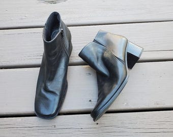 Vintage 90s y2k Bratz Black Leather Chunky Heel Square Toe Ankle Boots Booties 7