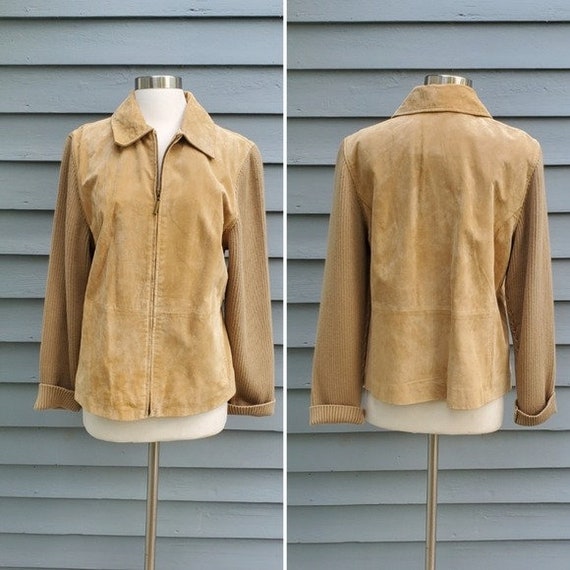 Vintage 70s Western Boho Camel Tan Suede Leather Knit Sleeves Coat 