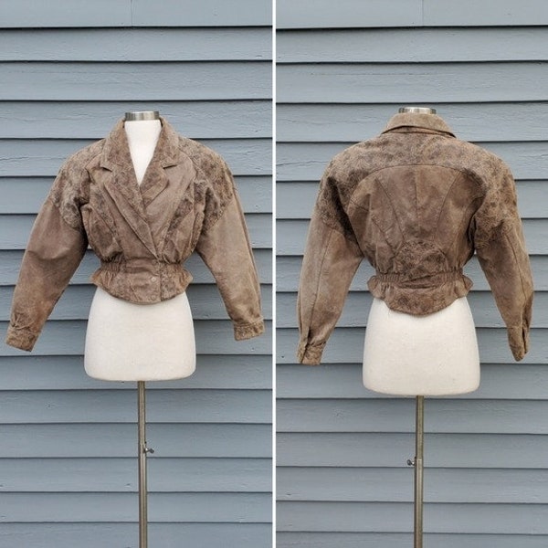 Vintage 90s y2k Tan Suede Leather Floral Snakeskin Print Cropped Bolero Jacket S