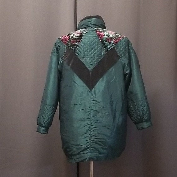 Vintage 80s Metallic Green Floral Puffer Coat Med… - image 3