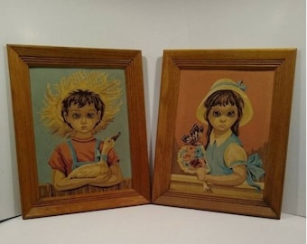 vintage paint by number Framed Picture Set Mid century Farm Boy Girl Matching