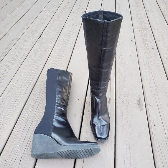 Vintage 90s Y2k Bratz Donald J Pliner Itz Black Leather Neoprene Wedge Boots 8.5 Etsy