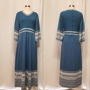 Vintage 70s Polyester Sears Union Made A Line Geometric Flowy Blue Maxi Dress