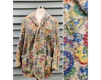 Vintage 70s Shaggy Blazer Multi-Color Terry Cloth Paisley Floral Vintage Small