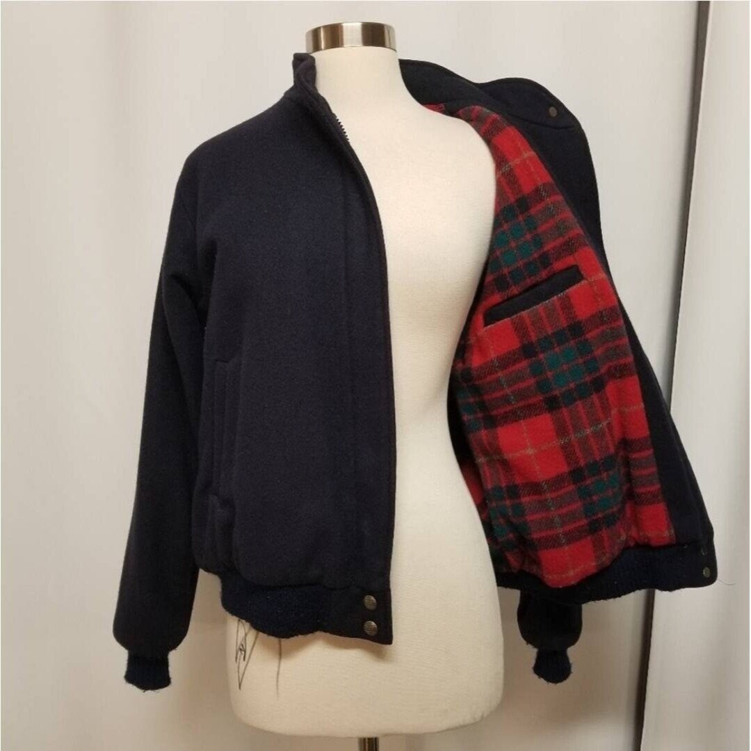 Vintage 80s L.l.bean Navy Blue Red Plaid Wool Zip up Bomber Jacket