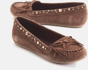 Vintage 90s y2k LEI L.E.I Brown Suede Leather Fringe Studded Moccasin Loafers 8