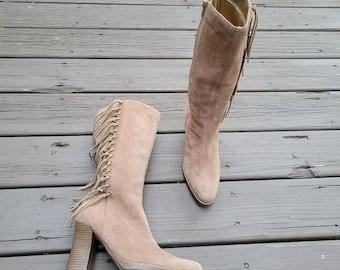 Vintage 90s y2k Camel Tan Suede Leather Fringe Western Boho Cowgirl Boots 7.5