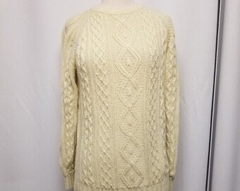 Vintage 80s Cream Cable Knit Acrylic Greek Fisherman Pullover Sweater Woman's Md