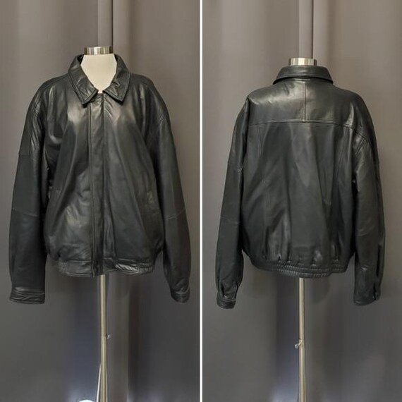 Vintage 90s Y2k Black Leather Car Coat Racer Racing Moto Bomber
