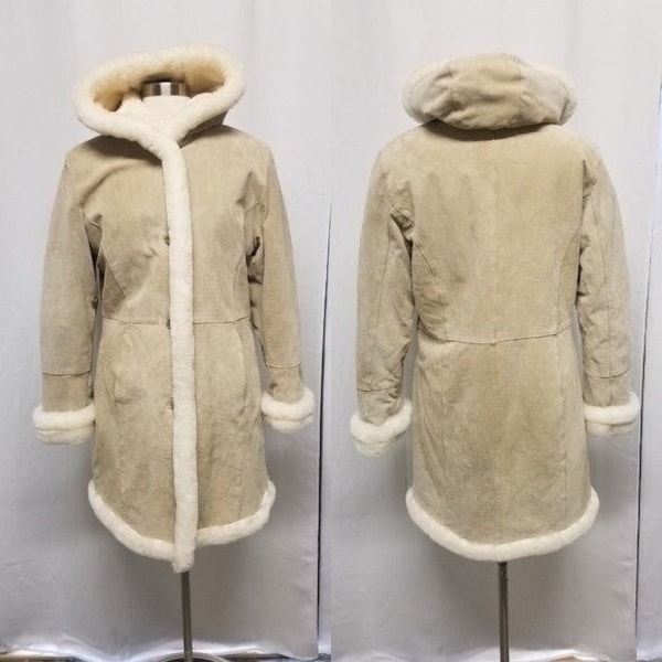 Vintage 90s y2k Penny Lane Style Long Suede Leather Coat Plush Faux Fur Hooded S